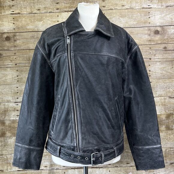 ZARA Size Small Relaxed Mens Leather Gray Jacket Coat Biker Aviator Racer NWT